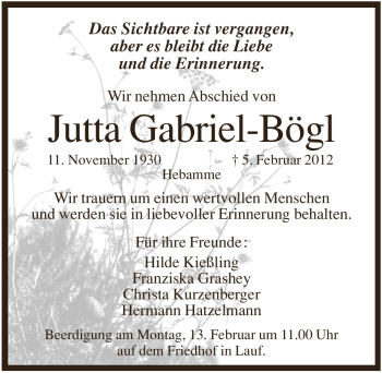 Traueranzeige von Jutta Gabriel-Bögl von Pegnitz-Zeitung